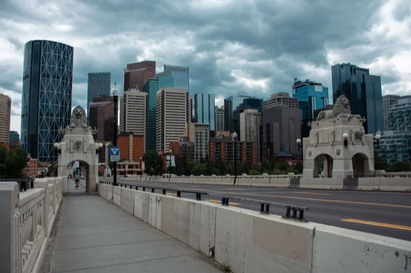 view of the centre street bridge and skyscrapers in calgary alberta canada — illustrative editorial photography, not a verified location